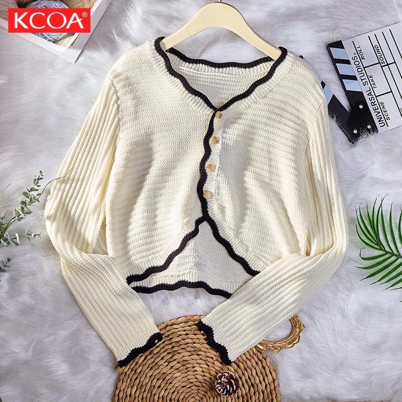 Fall Striped Sweaters Long Sleeve Shirt Button Deep V Knitted  Cardigan for Women