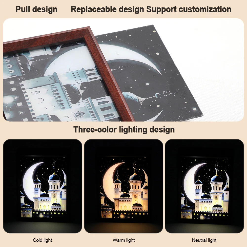 Fashionable Wooden Frame 3D Visual Muslim Islamic Architecture Luminous Bedroom Desktop Display Birthday Gift