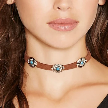 New Wholesale Women Leather Choker Turquoise Necklace