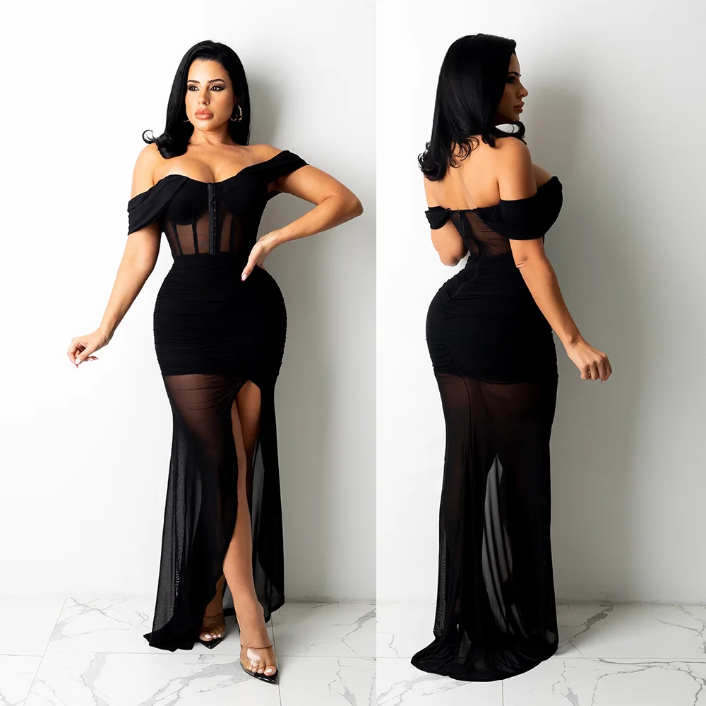 OS6181 Spring summer hot style mesh sheer dress Long Cami Full Slip Dress plus size slim mesh patchwork Gauze Dress