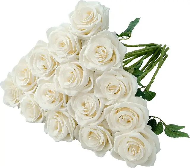 Artificial Ivory Roses Silk Flowers Realistic White Roses Bouquet Long Stem for Wedding Home Party Birthday Decoration