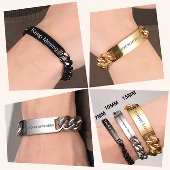Customized stainless steel charm name bar ID laser engraved message gold plated bracelet for men