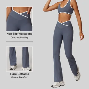 High Quality Women Sport Outfit Gym Fitness Yoga Leggings Lightweight Contrast Binding Flare Bottoms 1pc Activewear Pants