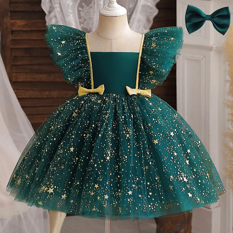 prom dress emerald green Princess Round Tea Length Satin Flower Girl Dress in Green | Green / 0-6 Months (70cm) main image 0