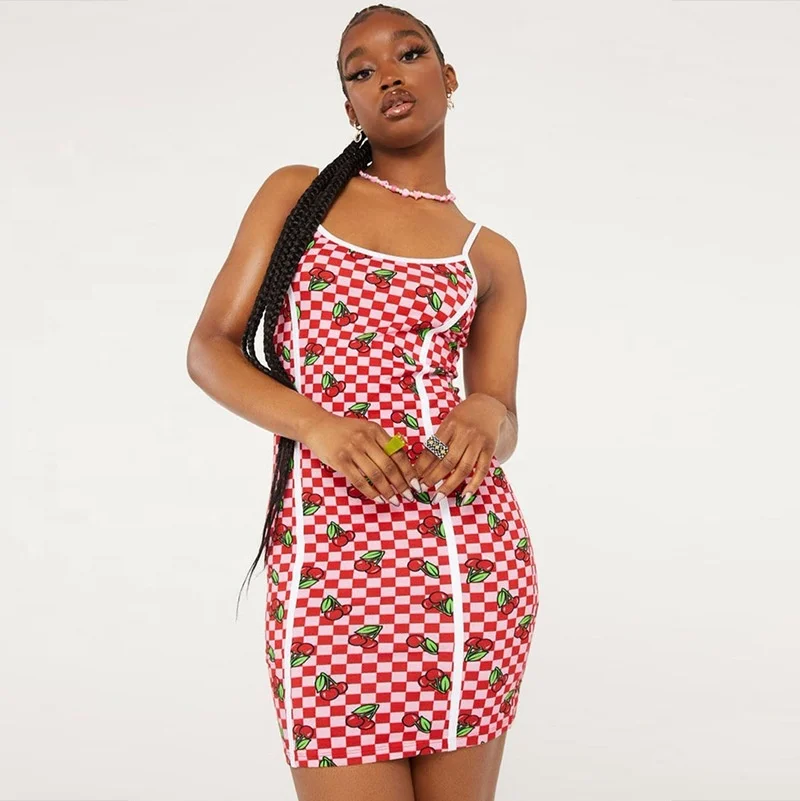 Women Cherry Print Plaid Sleeveless 
