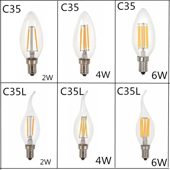 調光可能なカンデラブラLEDフィラメントキャンドルC35/C35L 4W E12/E14
