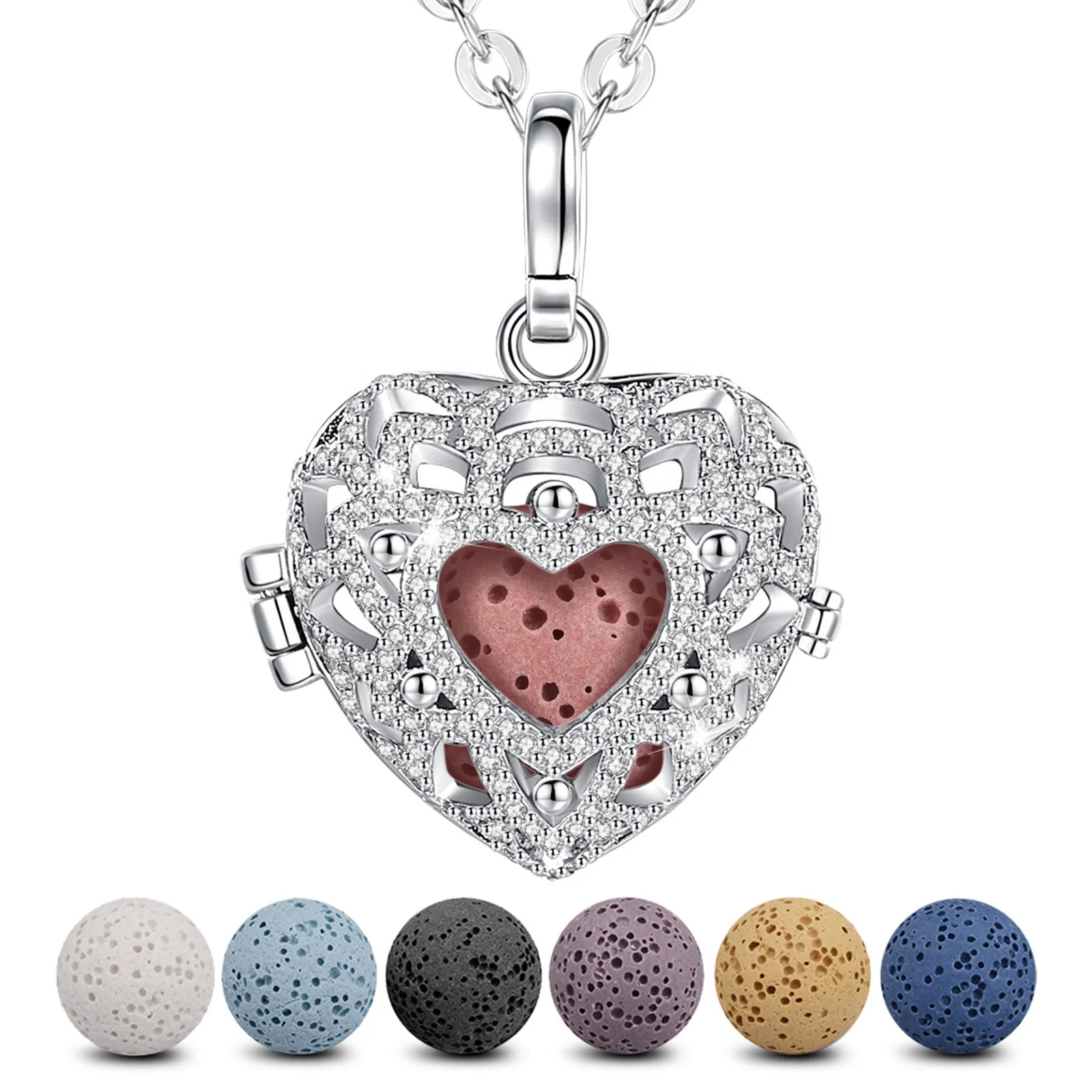 Changda China Wholesale Silver Plated Lava Stone Heart Shape Perfume  Essential Oil Diffuser Scent Charm Locket Necklace
