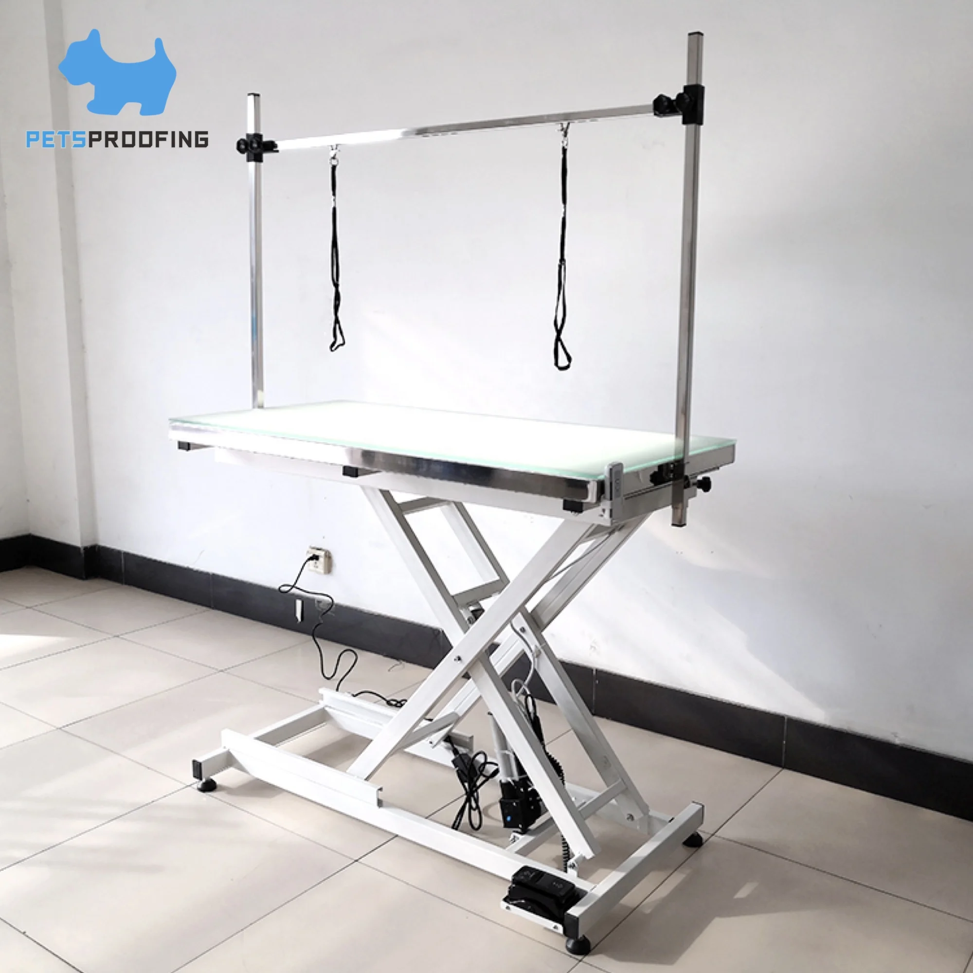 Adjustable Height Folding Hydraulic Air Lifting Dog Cat Pet Grooming Table Illuminated Electrical LED Stainless Hair Removal
