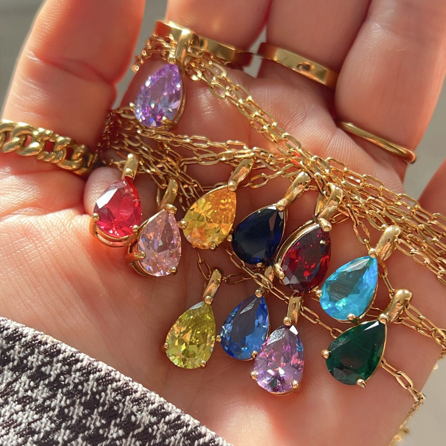 Charm 18K Gold Stainless Steel Jewelry Birth Month Necklace Cubic Zirconia Diamond Birthstone Teardrop Pendant Necklace