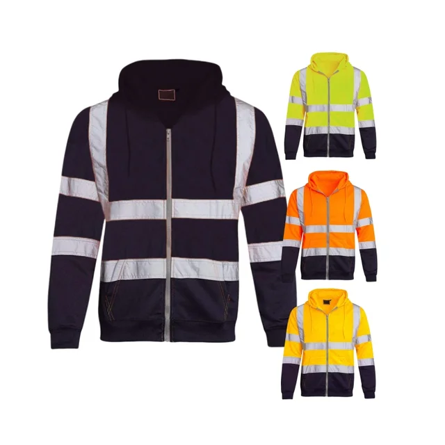Custom Logo polar fleece High Visibility Zip Up Safety Hoodie with side Pockets team uniform reflective workwear