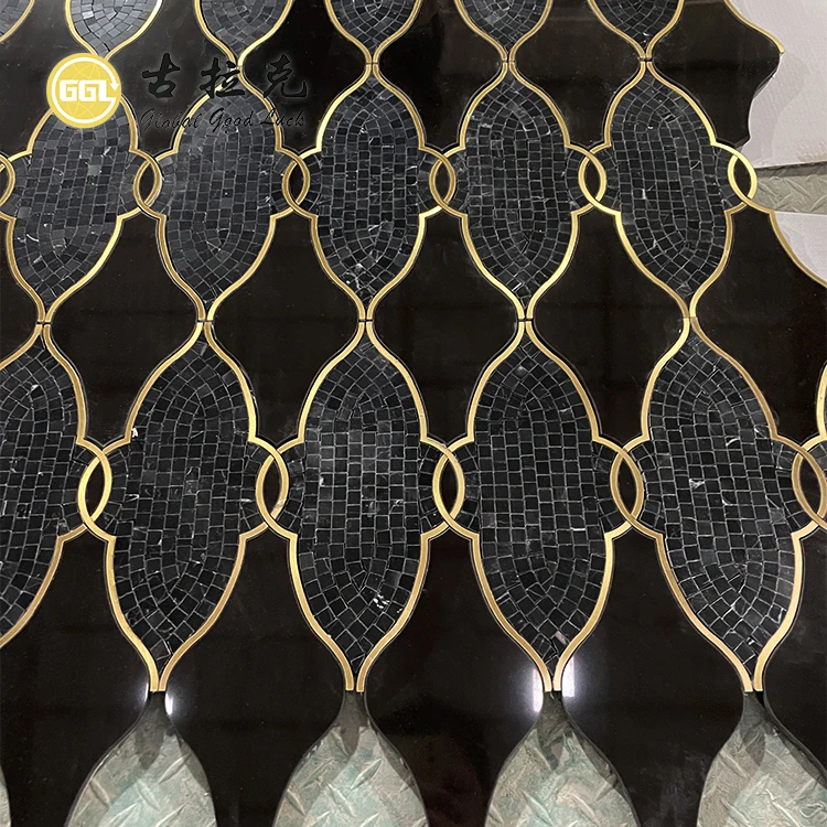 Waterjet Metal Brass and Marble Mosaic Black and Gold Mosaic Kitchen ...
