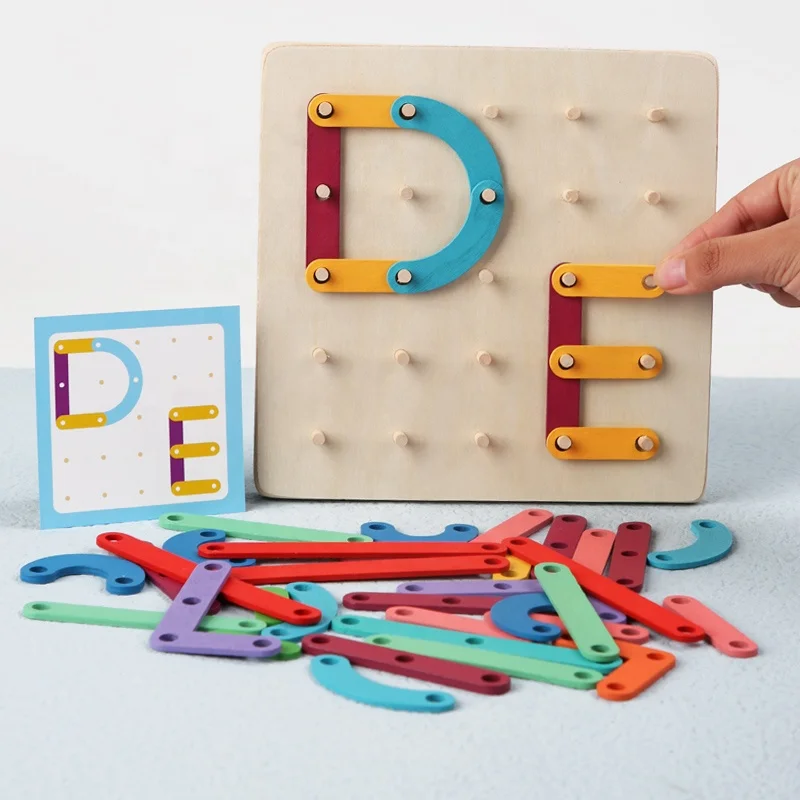 Toddlers Early Learning Alphabet Number Matching Game Toys Montessori Creative Geometric Wood Puzzle Nail Board