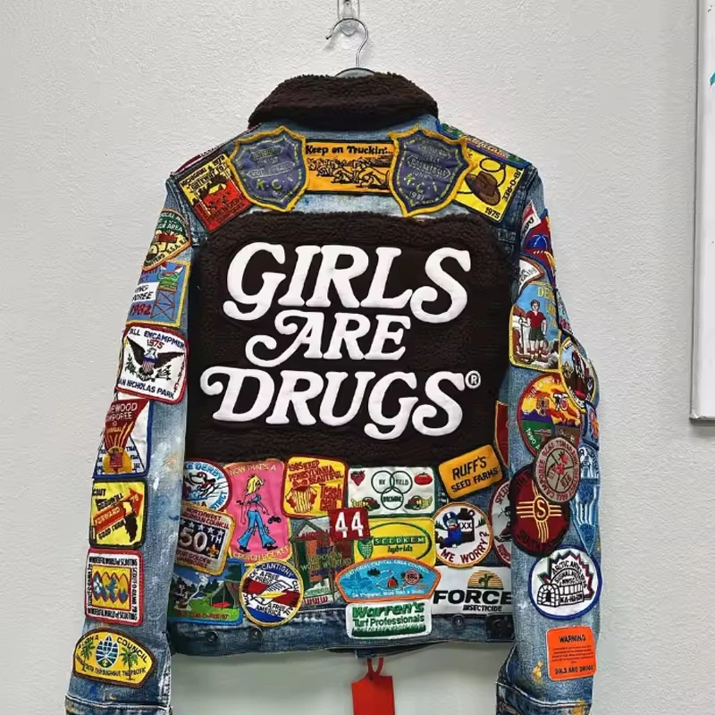 Custom Patch Turn Down Neck Oversized Long Sleeve Winter Baggy Denim Vintage Graphic Anime Fur Fluffy Collar Men's Jacket gallery 2