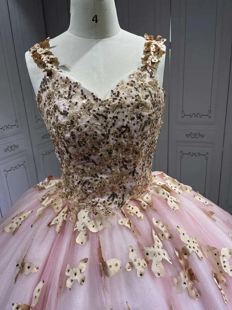 Pink With Rose Gold Butterfly Quinceanera Dresses Ball Gown Vestidos De 15  Aos De Quinceaera Deademas De Quinceaeras