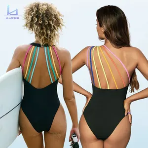 Huili Manufacturer Oem Beachwear Bikini Set Custom Pint Backless Rainbow Colorful Straps Design Women's Black One Piece Swimsuit