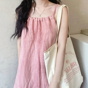 Women's Summer Strap Dress Loose Casual Sleeveless Long Skirt Breathable Soft Solid Pattern Niche Dress for Spring Season Front