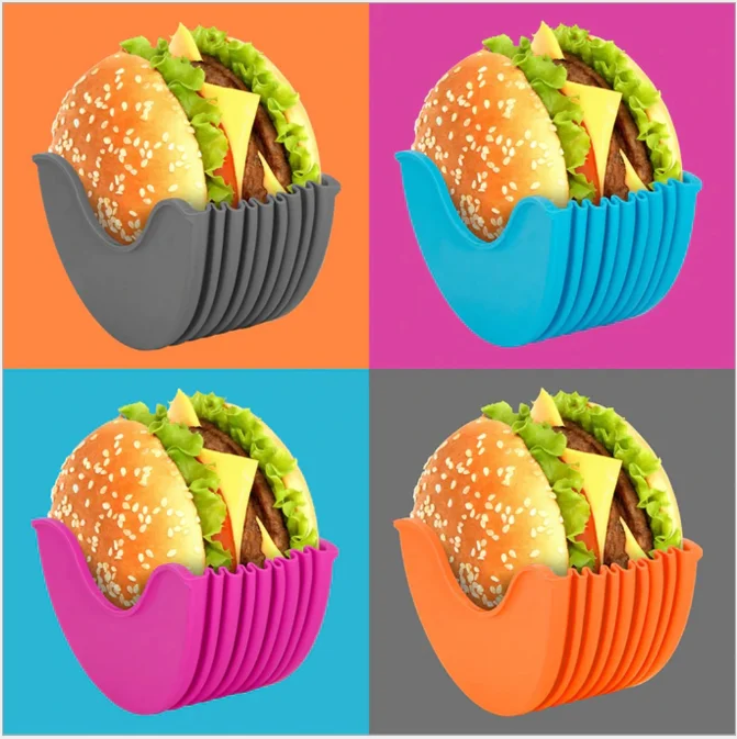 VIVEKATT Burger Holder Blue and Orange Reusable Burger Buddy Fixed Box Adjustable Silicone Hamburger Rack 
