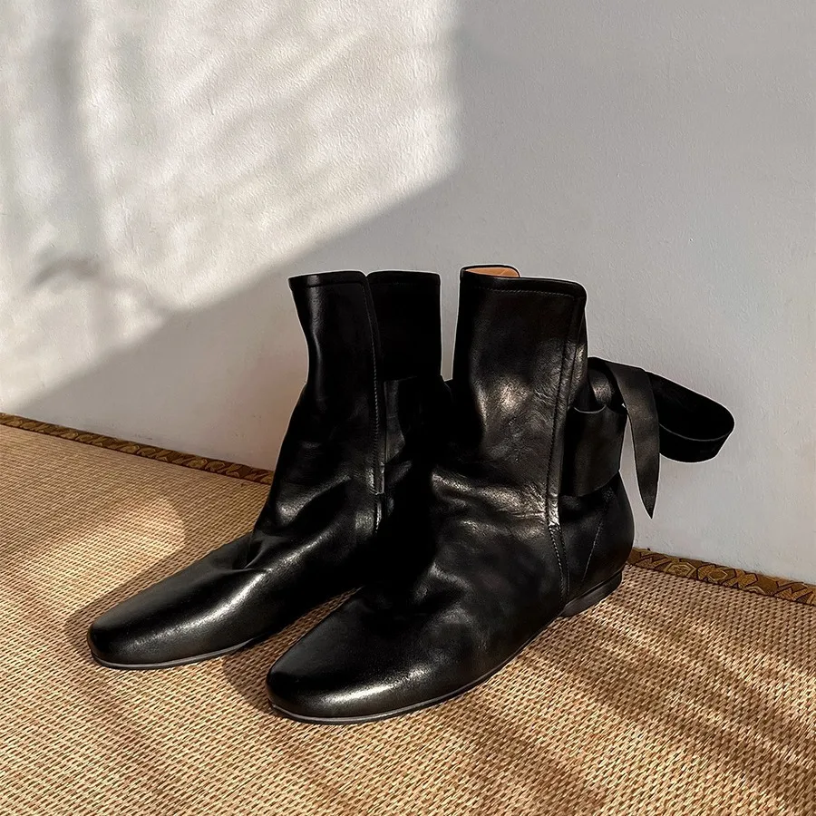 Genuine Leather Women Western Pleated Pile Boot Round Toe Low Heel British Chelsea Ankle Flat Boots For Ladies - Image 2