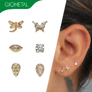 Giometal 14K/18K  Solid Gold Threadless Dragonfly Butterfly Ends Tragus Conch Helix Piercing Water Drop Earrings Body Jewelry