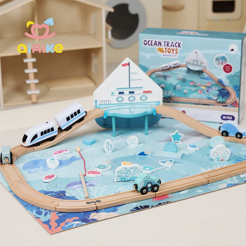 Pädagogisches Kinderspielzeug zum Selbermachen Elektrischer Zug Zusammenbau Eisenbahnstrecke Ozean-Angelspielstrecke Holzeisenbahnset Steckspielzeug für Kinder