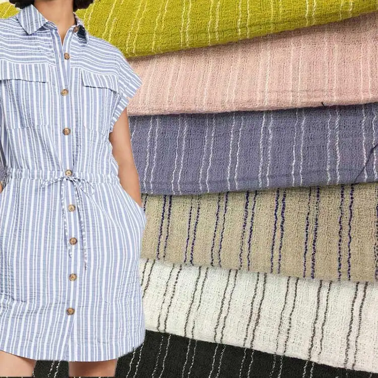 Custom Seersucker Shirt Dress Garment Material Woven Melan Men Washed Multi Striped Linen Cotton