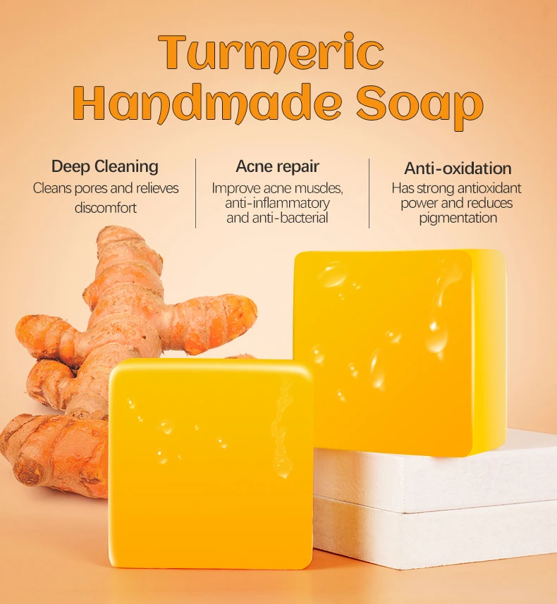 Guanjing OEM Wholesale Organic Whitening Anti-acne Turmeric Handmade Bath Facial Soap 100g