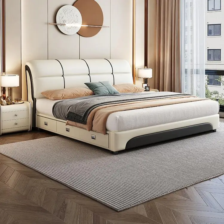 Wholesale Latest Modern Leather Double Bed With Storage Solid Wood