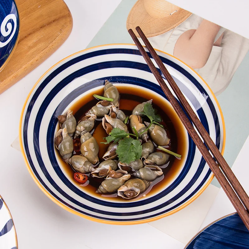 8 Inch Disposable Eco-Friendly Ceramic Japanese Style Design Mixing Hand Painted Ramen Rice Soup Bowl Plate Noodle Set