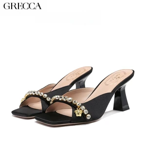Women's Elegant Mules From GRECCA, Pink , Party Block Heel Sandal Rhinestone Strap with Badge, Square Toe Heels Design