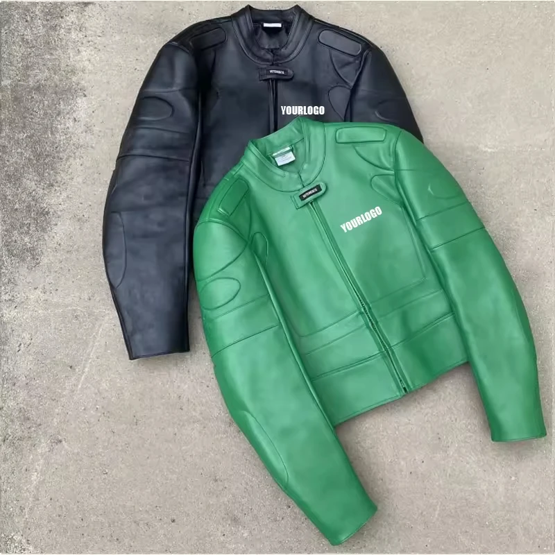 Custom LOGO Embroidery Patch Print Bikers Cropped Jacket Streetwear Motorcycle PU Leather Men Racing Jacket