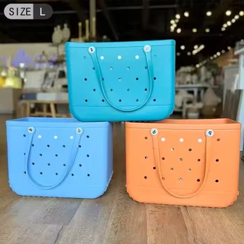 Custom Waterproof Rubber Beach Bag Portable Durable EVA with Canvas Lining Summer Handbag with Soft Hollow Hole Customizable