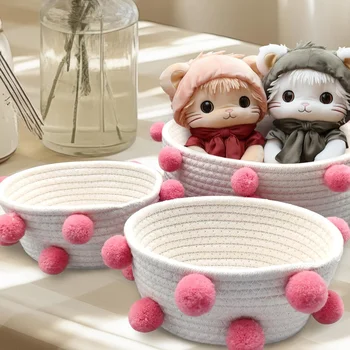 Wholesale 3-Piece Oval Cute Pretty Pompomed Small Dog Cat Toy Gift Natural Cotton Rope Woven Basket