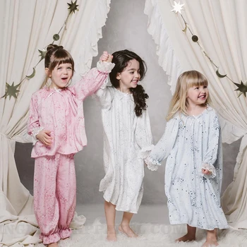 Custom OEM Girls nightdress Viscose Home Pajamas Long sleeve Kids Sleepwear wholesale