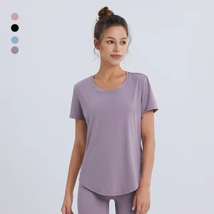 Women's Spring Summer Yoga Top Solid-Color Short-Sleeved T-Shirt Loose & Breathable Fitness Sports Running Compression T-Shirt