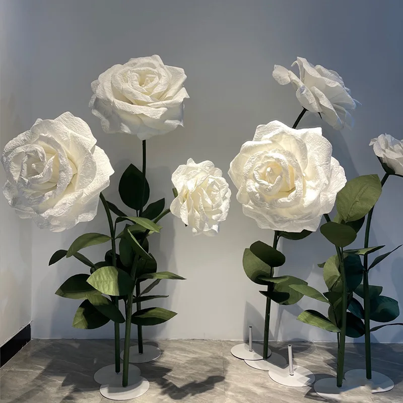 CNZ02 Large Standing Wrapping Long Stem Base Paper White Rose Flower Wall Bouquet for Wedding Decoration Party