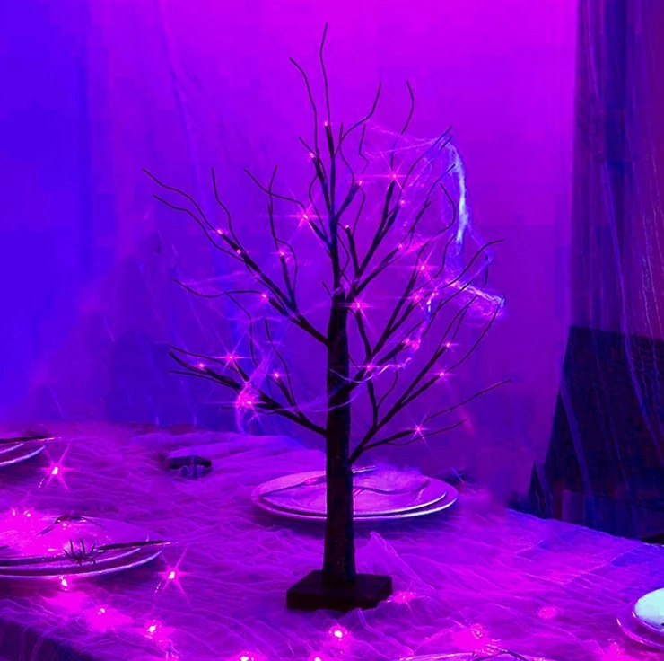 Halloween Black LED Light Tree with Purple Orange Dual Color for Halloween Christmas Table Decorations