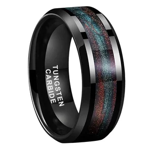 8mm Mens Womens Fashion Wedding Bands for Men Women Beveled Polished Brown Green Flowing Sand Inlay Black Tungsten Carbide Ring