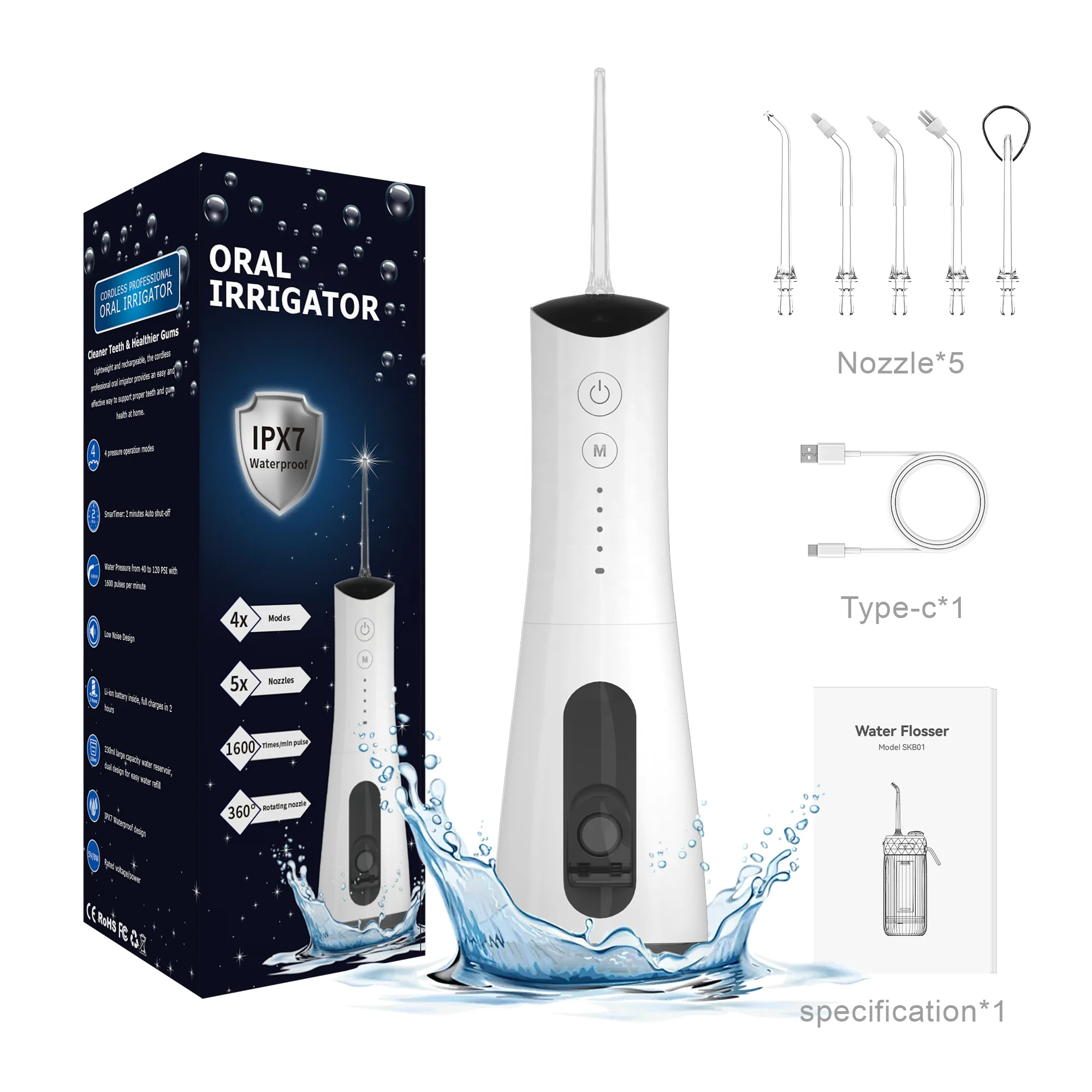 Irrigateur Buccal Portable Rechargeable USB - 3 Modes - 4 Embouts - Blanc/vert/rose
