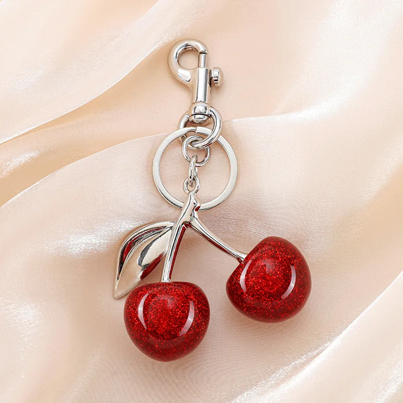 Cute Strawberry Cherry Heart Keychain Fashionable Red Bag Charms Keyring Purse Backpack Car Accessories for Women Girls Gift