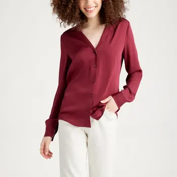 Women Red Blouse 100% Silk Shirts Formal Office Elegant Ladies Casual Long Sleeve Work Shirt
