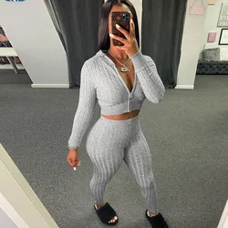 2021 New Arrivals Knitted Zipper Hoodie Cardigan Sweatpants Bodycon Two Pieces Sets Women