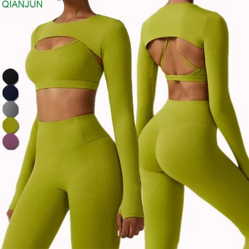 New Autumn And Winter Fashion Gym Wear Women Tights Crop Top 4 Pieces Seamless Long Sleeve Fitness Yoga Set