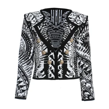 OUDINA Classic Black White Geometric Sense Contrast Printing Cardigan Short Women Tweed Cropped Jacket