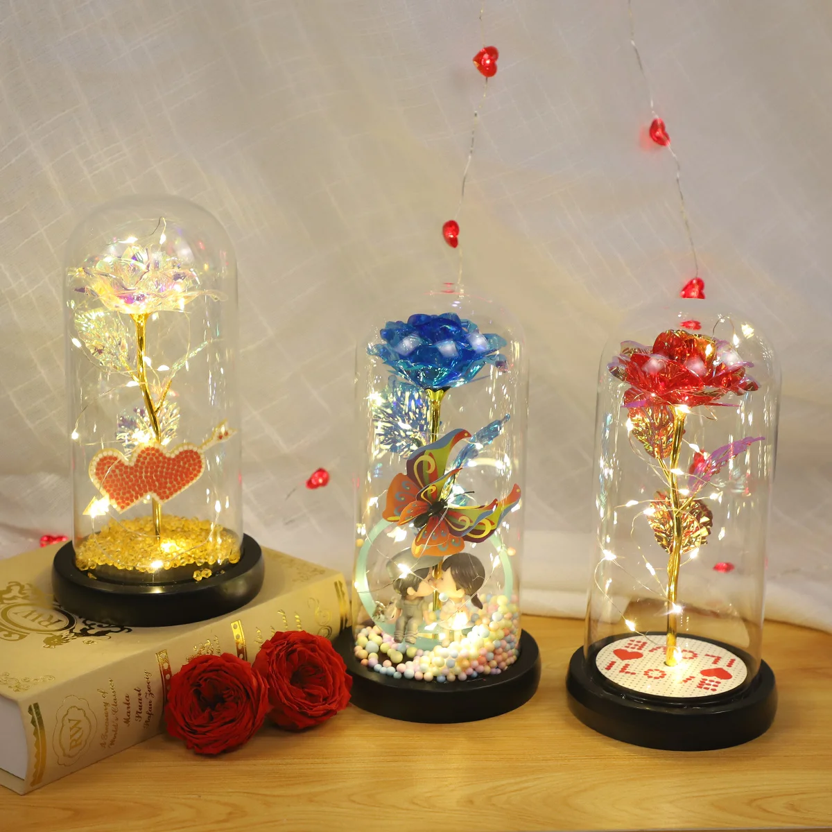 Valentines Day Mothers Eternal Gold Foil Rose Artificial Flower Led Light Preserved Galaxy Rose Glass Dome for Women Girls