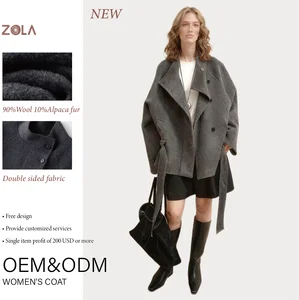 High-End Handmade Eco-Friendly Casual Alpaca Woolen Coat Loose Fit Mandarin Collar Single Breasted Belt Decoration Winter Short