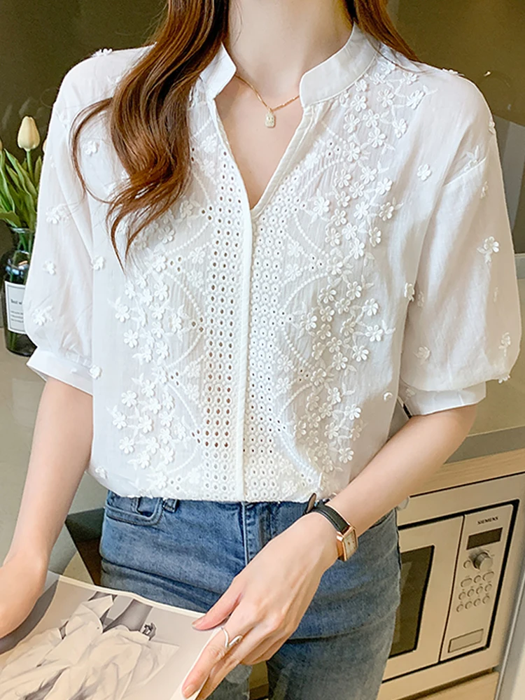 Summer Women's V-Neck Lace Blouse | Elegant & Breathable Blouses