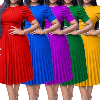 New Summer Dinner Solid Pleated Woman Dress Short Sleeve Casual Party Style Plus Size 3XL Empire Waistline Casual Pencil ODM