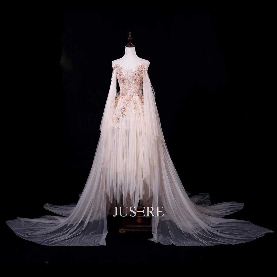 香槟舀领口泡泡袖高低设计晚礼服