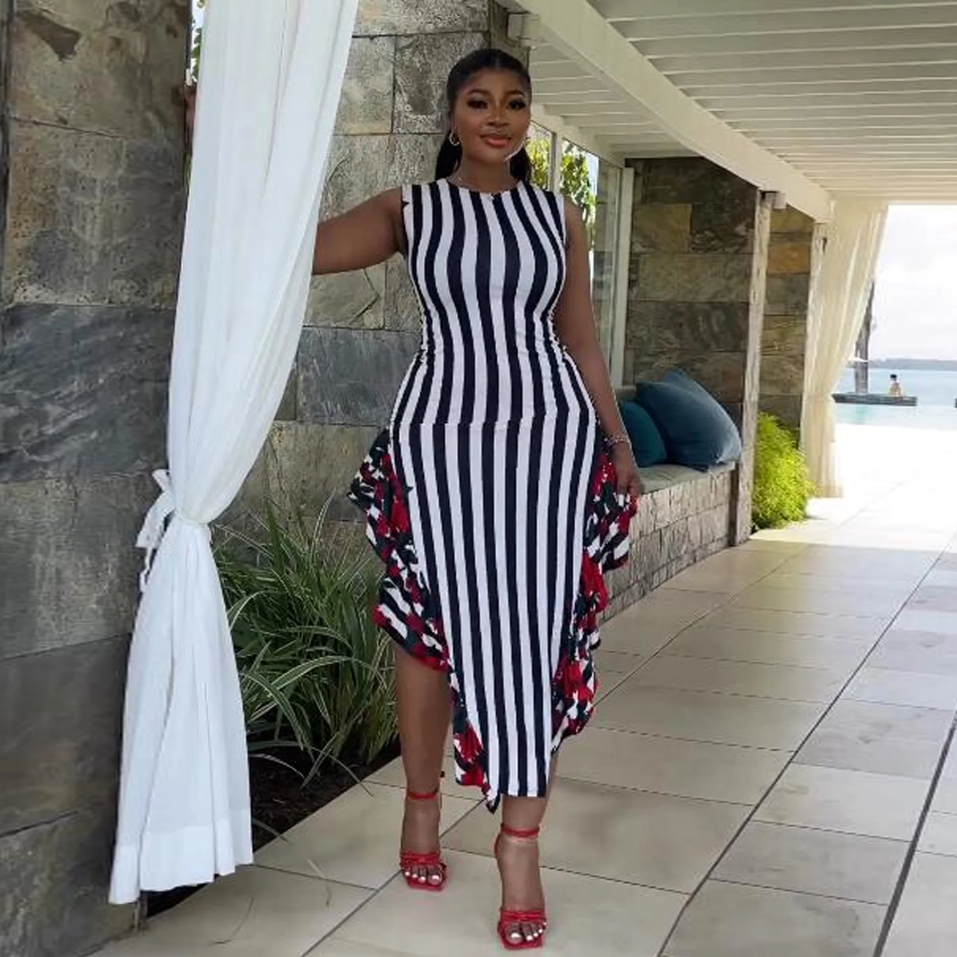 Summer Fashion African Style Casual Stripe Pattern Loose V-neck Sleeveless  Plus Size Women Clothing Dress