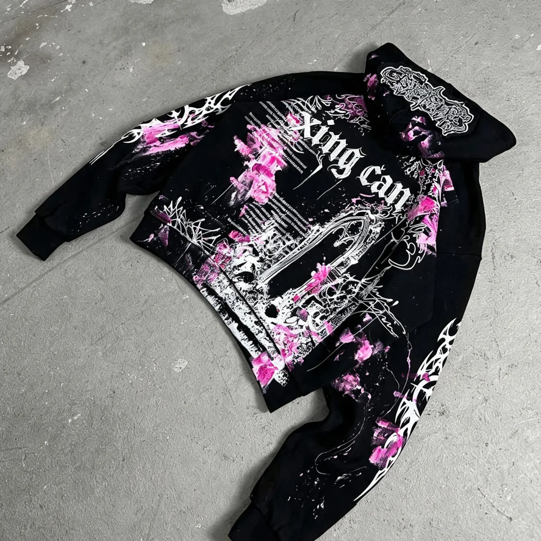 Aangepaste straatdra-kapjas met vintagewas- en beskadigde effek, skermopdruk, oorspronklike grootte, losse pasvorm, uniseks, modieuse merk, kapjas-sweater met kap, privaat